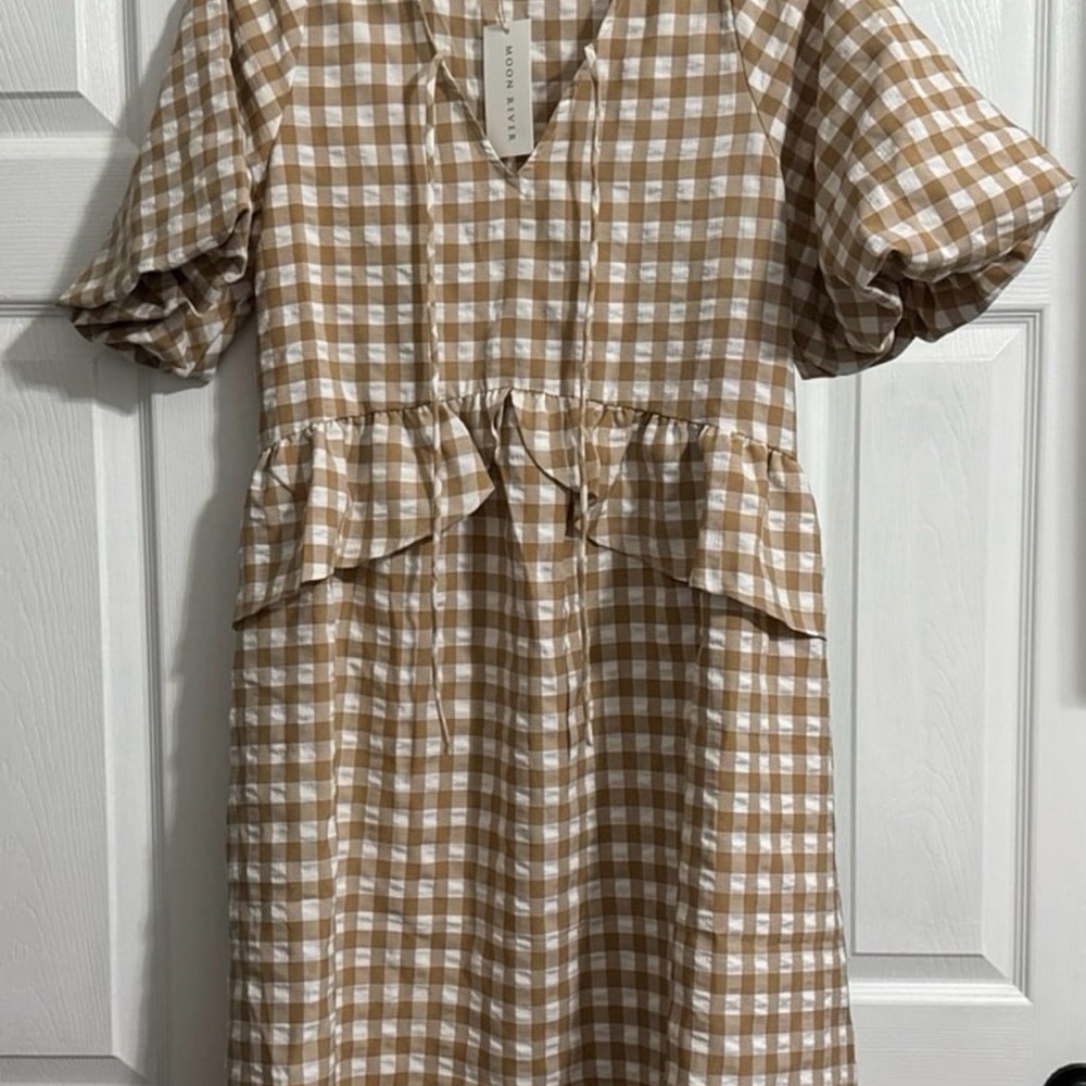 Moon River Tan Checkered Women’s Dress